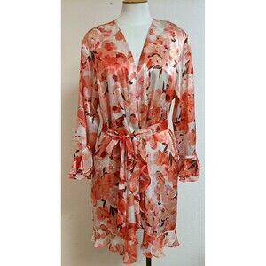 Women's Oscar de la Renta Pink Label Floral Print Ruffle Trim Robe LG